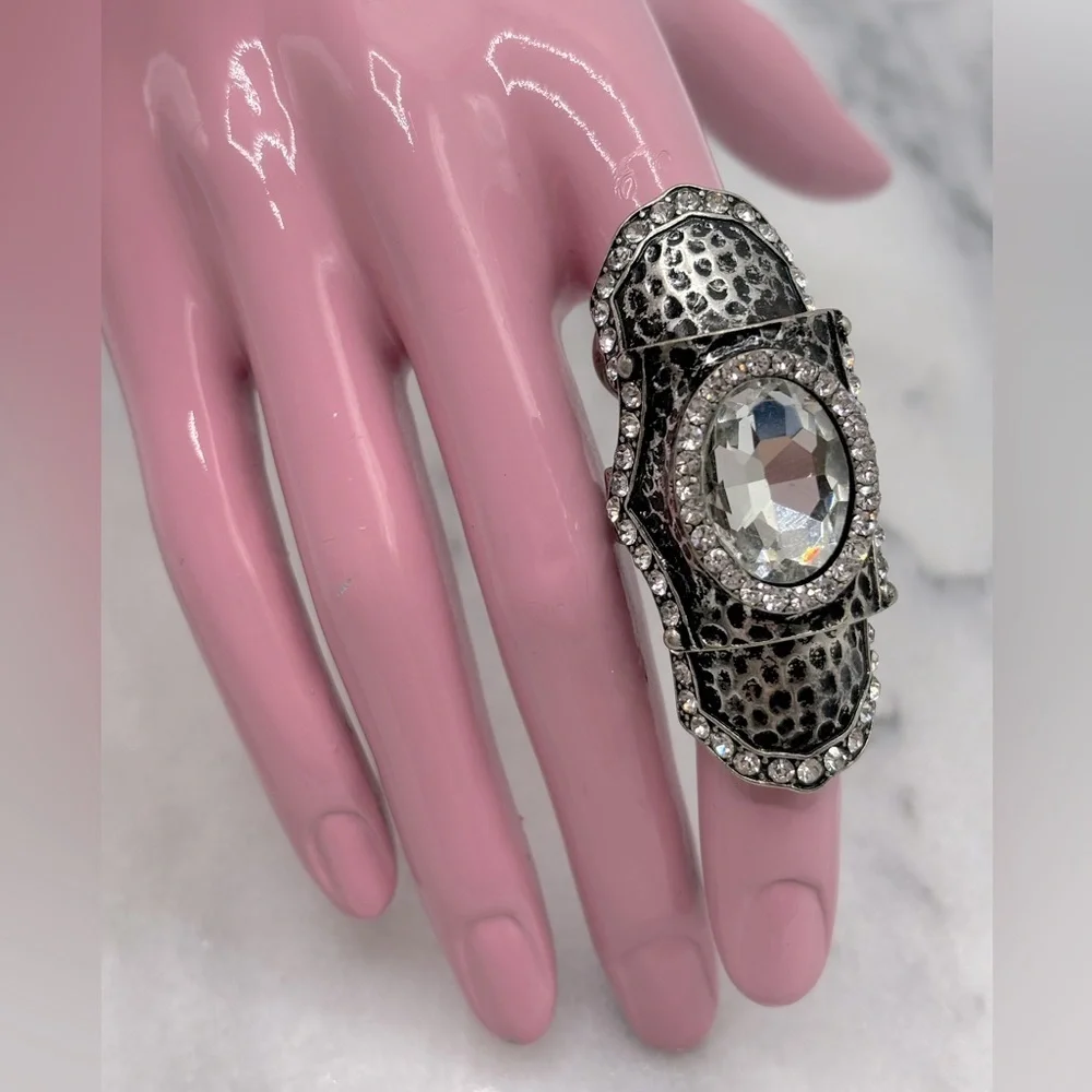 Antique Silver Tone & Crystal‎ FINGER Knuckle Ring